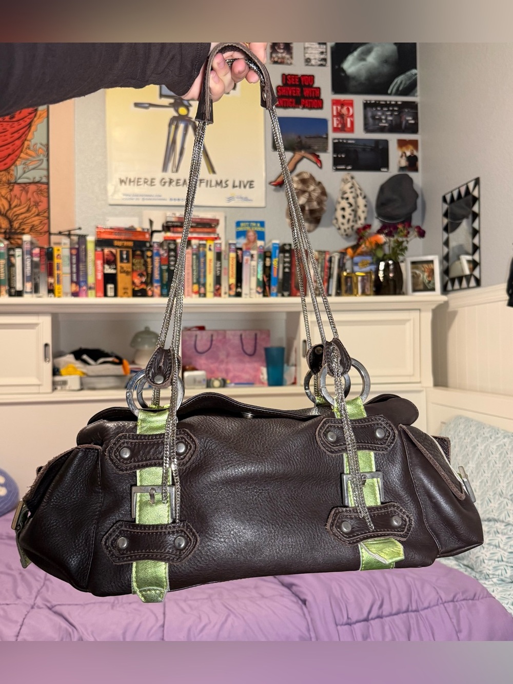 RARE Gustto Brown Leather Shoulder Bag with Green Accents